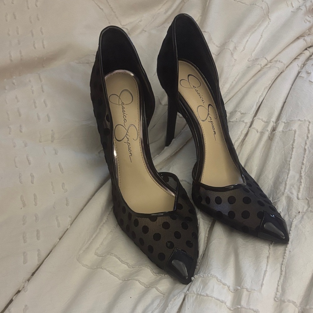 Jessica Simpson Black Polka Dot Mesh Heels